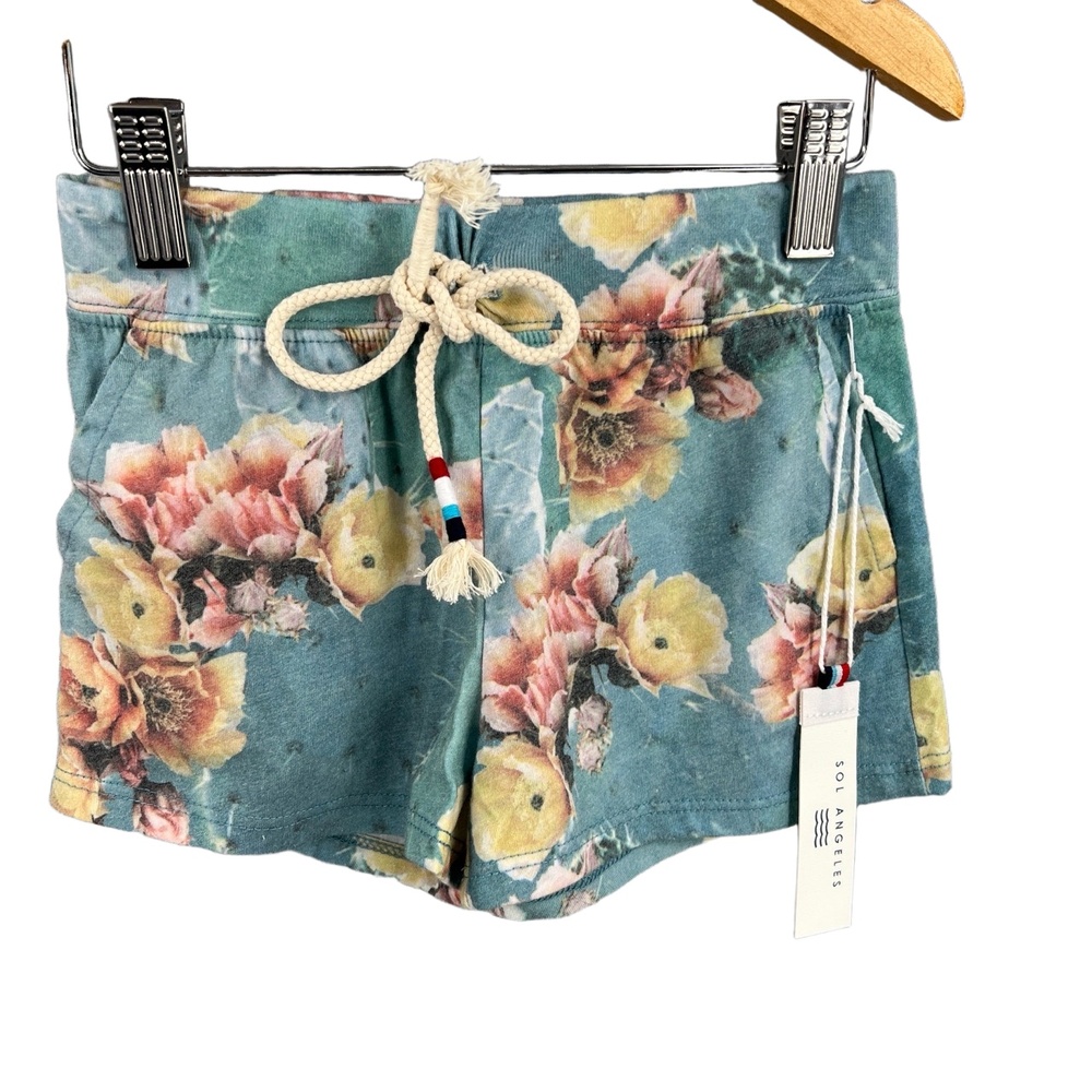 Sol Angeles Kids Shorts Floral‎ Drawstring Knit Pull On Blue Size 6 US Made New